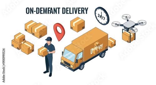 Isometric On-Demand Delivery Service with Courier, Truck, Drone, and Packages.