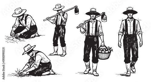 Black and white sketch illustration depicting Amish farmers planting seeds, carrying hoes, and harvesting crops with a basket, evoking rural life.