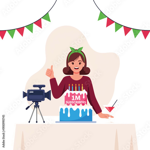 Woman celebrates 1 Million Subscribers with cake and camera, social media success