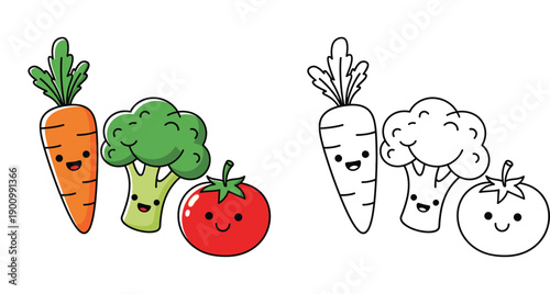 Cute cartoon vegetables coloring book page vector illustration. Happy kawaii carrot, broccoli, and tomato characters with colored and outline black and white versions for kids education.