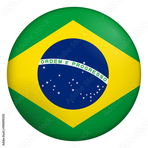 Flag of Brasil. Glossy circular flag. Button appearance. 3D Icon Design with depth