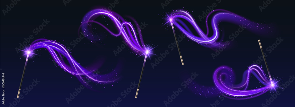 Fototapeta premium Magic wand with glowing light trail and sparkles realistic vector illustrations. Enchanting spell effect on dark background with shimmering particles and magical energy swirls