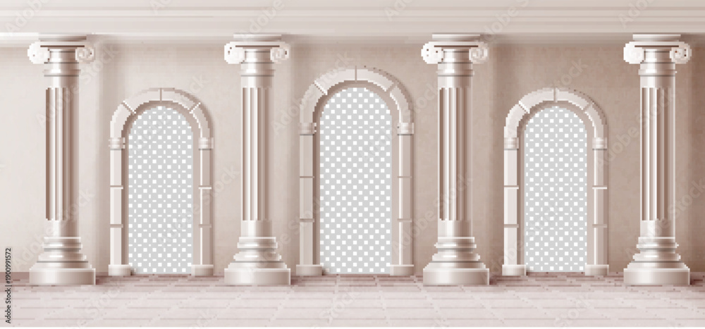Fototapeta premium Ancient greek or roman arch with marble columns, classical pillar design background. Realistic vector illustration of greece temple architecture with stone colonnade and ornate entrance portal.