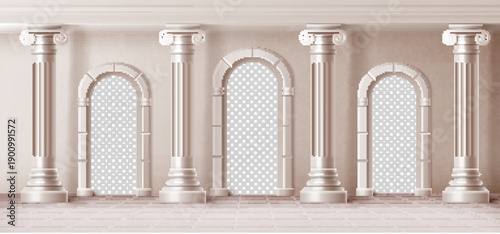 Ancient greek or roman arch with marble columns, classical pillar design background. Realistic vector illustration of greece temple architecture with stone colonnade and ornate entrance portal.