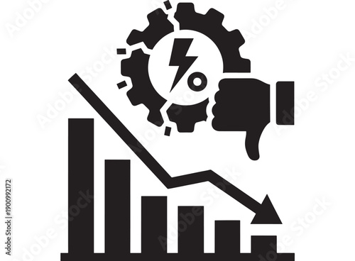 Chart declining business icon with down arrow, bar graph, broken gear and lightning bolt, thumbs down symbol for recession, failure, crisis, loss and risk