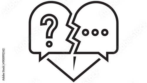 Speech bubbles cracked icon with question mark and reply dots, broken conversation symbol for messaging conflict, misunderstanding, dispute, customer support issue vector