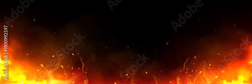 Fire with flying sparks, light of burning flame realistic vector illustration on black background. Dramatic fiery effect with glowing orange particles and smoke, dynamic overlay design element