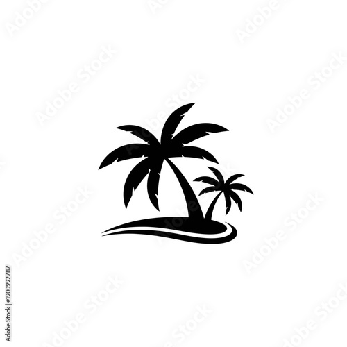 Silhouette of two palm trees on a small island with a wave.