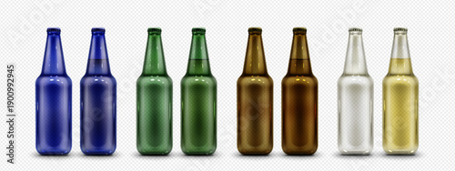 Beer bottle mockups set isolated on transparent background. Vector realistic illustration of blue, green, brown, white glass container for alcoholic beverage or carbonated soda drink with tin cap