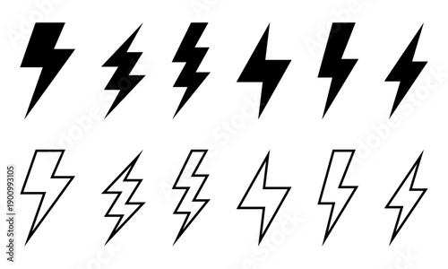 Electric Power Lightning Bolt Icons Set. Solid and Line Styles.