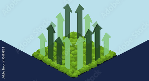 Green arrows rising from a lush plant mound symbolizing growth, success, and upward trend in business and environment