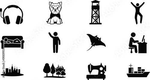 Black silhouette icon set, everyday life objects people animals city nature technology symbols, minimal flat pictogram collection isolated white background