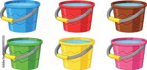 Colorful cartoon illustration of plastic buckets filled with water, arranged in rows, showcasing vibrant colors, playful design, household objects, educational content, children’s learning material