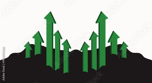 Multiple green arrows rising strongly from a dark base, symbolizing robust business growth, financial market improvement, economic development, and positive upward trends. Concept of success and