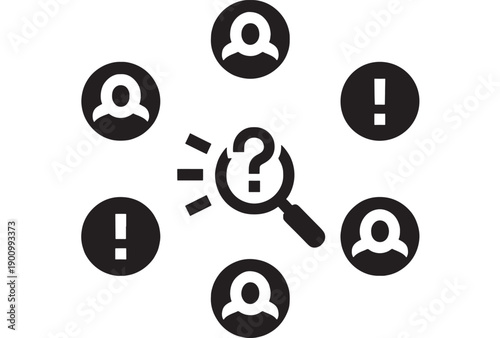 Icon customer support search with magnifying glass question mark, user avatars and alert symbols, minimal black and white glyph for help center UI and troubleshooting