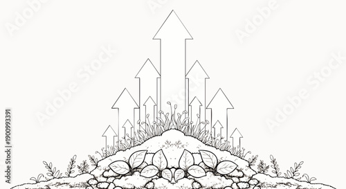 Conceptual black and white line art illustration featuring upward arrows rising from a natural mound with plants, symbolizing progress, growth, and success.