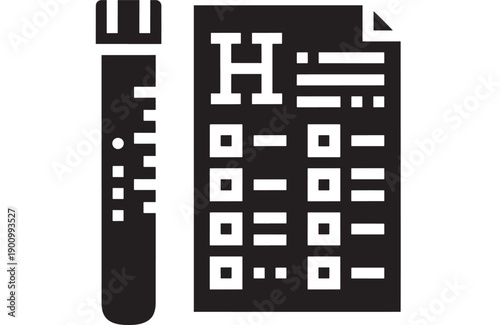 Eye chart vision test icon with ruler measurement scale, optometry examination symbol in black and white, minimal flat design for clinic signage and web UI