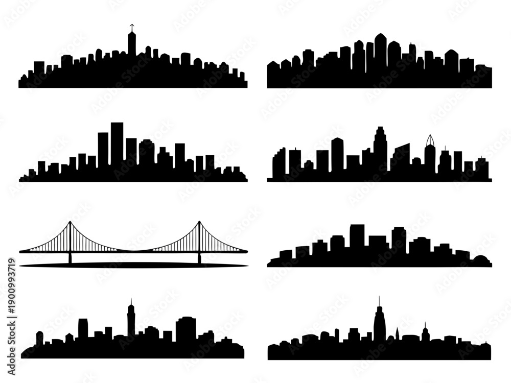 Fototapeta premium Black city skyline silhouette set with modern and classic buildings, skyscrapers silhouette set