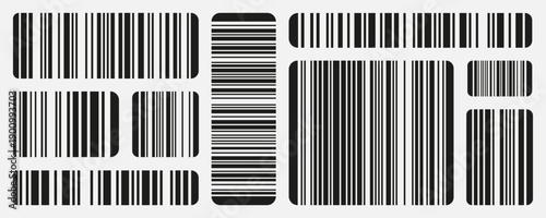 Various black barcodes with rounded corners. Code stripe and pattern line strip with bar texture retail. Thin long random geometric label.