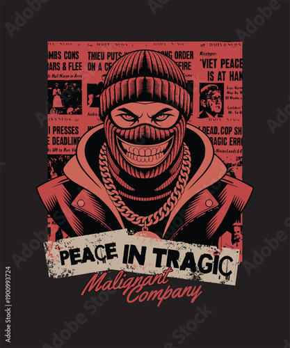 Man in Balaclava and Beanie with Chains, Grinning, Newspaper Background, Stock Media