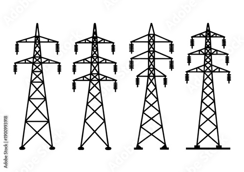 Black silhouette set of high voltage transmission towers and electrical pylons ,Silhouette set