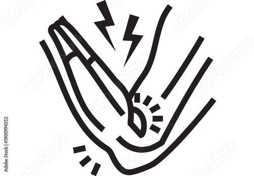 Hand pain icon with palm and finger injury, lightning bolt ache symbol, monochrome line art pictogram for healthcare, arthritis, strain, and discomfort concept
