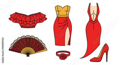 Collection of red fashion items including dresses, accessories, and shoes displayed together, showcasing elegance and style in a clean and simple visual arrangement