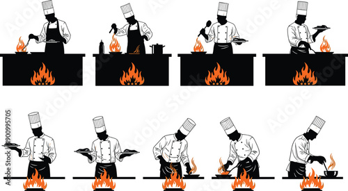 Chef, cooking, silhouettes, professional, kitchen, culinary, flames, food, preparation, restaurant, gastronomy, cooking, show, chef, uniform, apron, illustration, isolated, background, heat