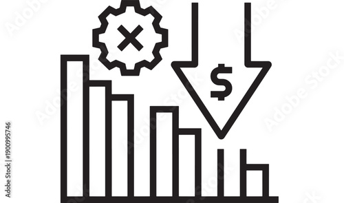 Icon financial loss analytics with declining bar chart, down arrow and dollar sign, gear with cross for failed settings, minimal outline symbol for business report