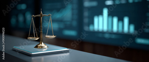 Golden justice scales on digital tablet with blurred financial charts in background symbolizing law and business balance