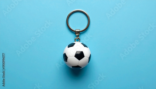 Soccer ball keychain. White/black ball hangs centered, keyring on top, against a light blue backdrop