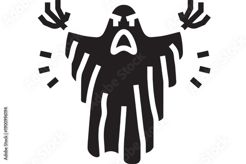 Ghost screaming icon with raised hands, bold black silhouette on white background, spooky Halloween horror symbol for fear, panic alert, or nightmare warning design