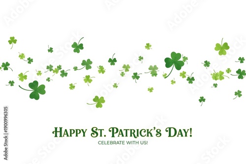 Happy St Patrick’s Day Greeting with Flying Green Shamrocks on White Background