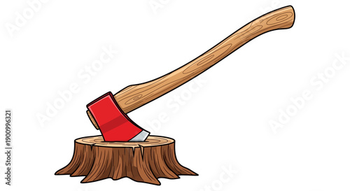 Illustration of an axe stuck in a tree stump with a red handle on a white background