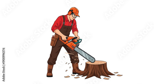A man in a red shirt and orange helmet cutting a tree stump with a chainsaw