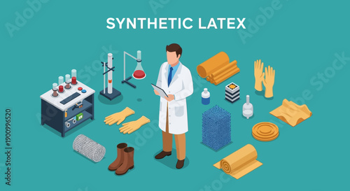 Isometric illustration of a scientist surrounded by synthetic latex products and laboratory equipment on a teal background.
