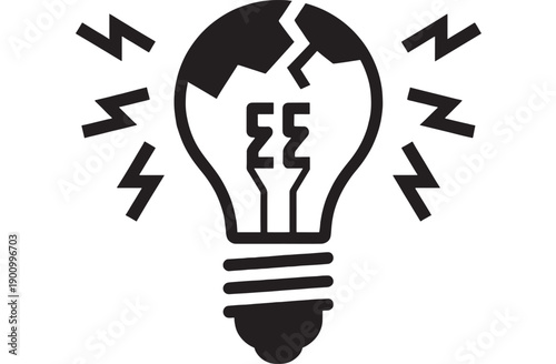 Light bulb cracked icon with broken glass top and lightning bolts around, black silhouette energy symbol for power outage, electricity failure, and idea concept