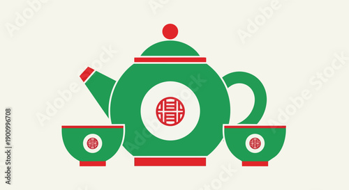 Green Chinese teapot and cups illustration isolated white background