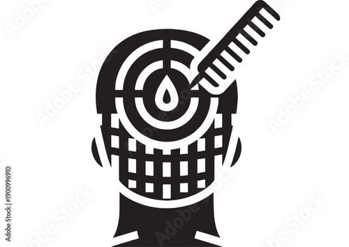 Fingerprint scanner icon with stylus pen touching biometric target and digital identification symbol, black silhouette pictogram for security, access control, and authentication