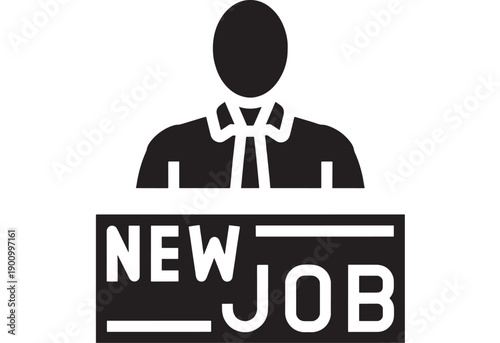 Icon new job sign with business person silhouette and bold typography, minimal black and white pictogram for hiring, recruitment, career change and onboarding concept