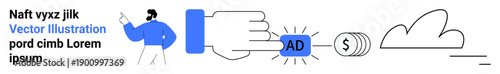 Digital marketing, monetization strategies, online advertising campaigns, business promotion, modern economy, user interaction. Visual of a hand pressing an ad button with money flow and cloud