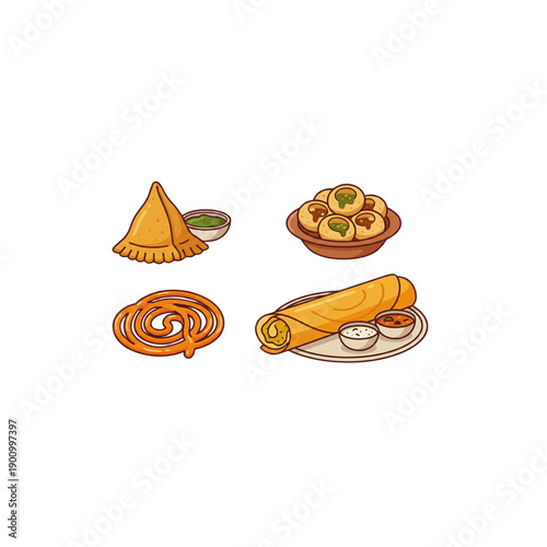 Variety of Indian street food dishes on plates and bowls