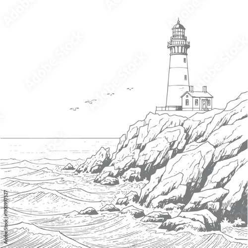Hand-Drawn Lighthouse on a Craggy Shoreline