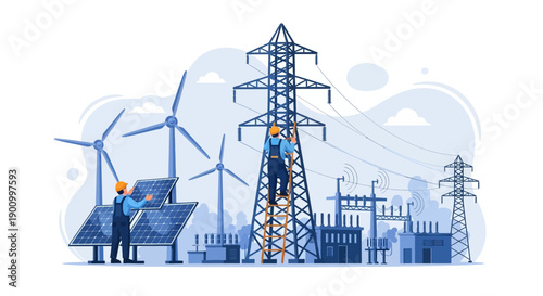 Illustration of workers maintaining a power transmission tower with solar panels and wind turbines in the background against a light blue sky.