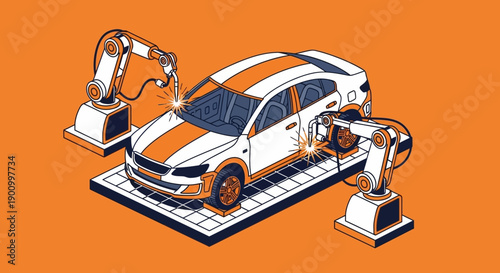 Isometric illustration of a white car being serviced by robotic arms on an orange background