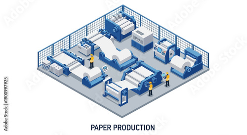 Isometric illustration of a paper production facility with workers operating machinery