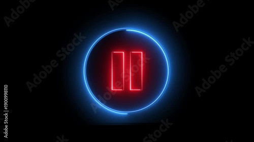 Neon pause button sign icon animation glowing red and blue color player pause circle stop music video and audio media control sign symbol on black background