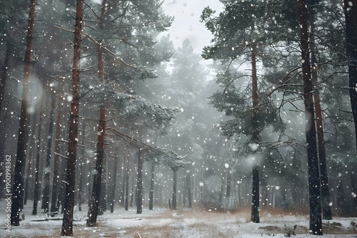 Soft snowfall in pine forest