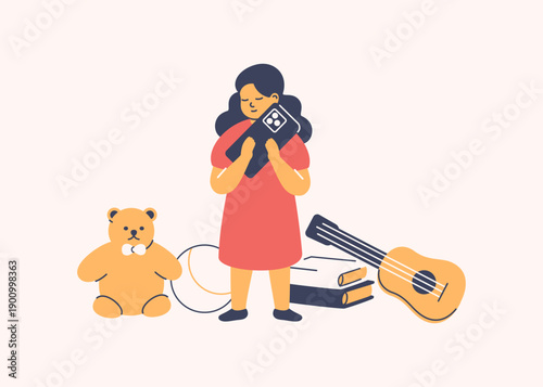 Child girl with digital gadget addiction holds smartphone and didn't want to play with toys, loses interest in other activities. childrens mobile dependency and nomophobia. vector illustration
