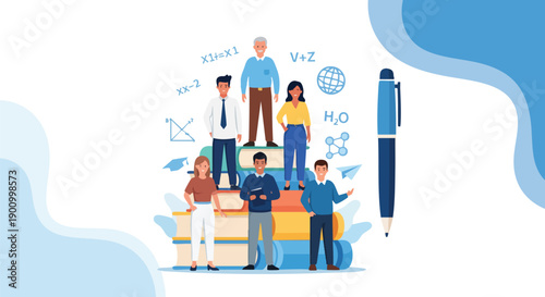 Diverse group of professionals with books and educational symbols, representing knowledge and learning.